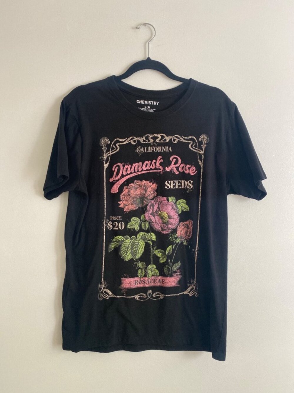 California Damask Rose Graphic T-Shirt Black Cotton Blend Size L